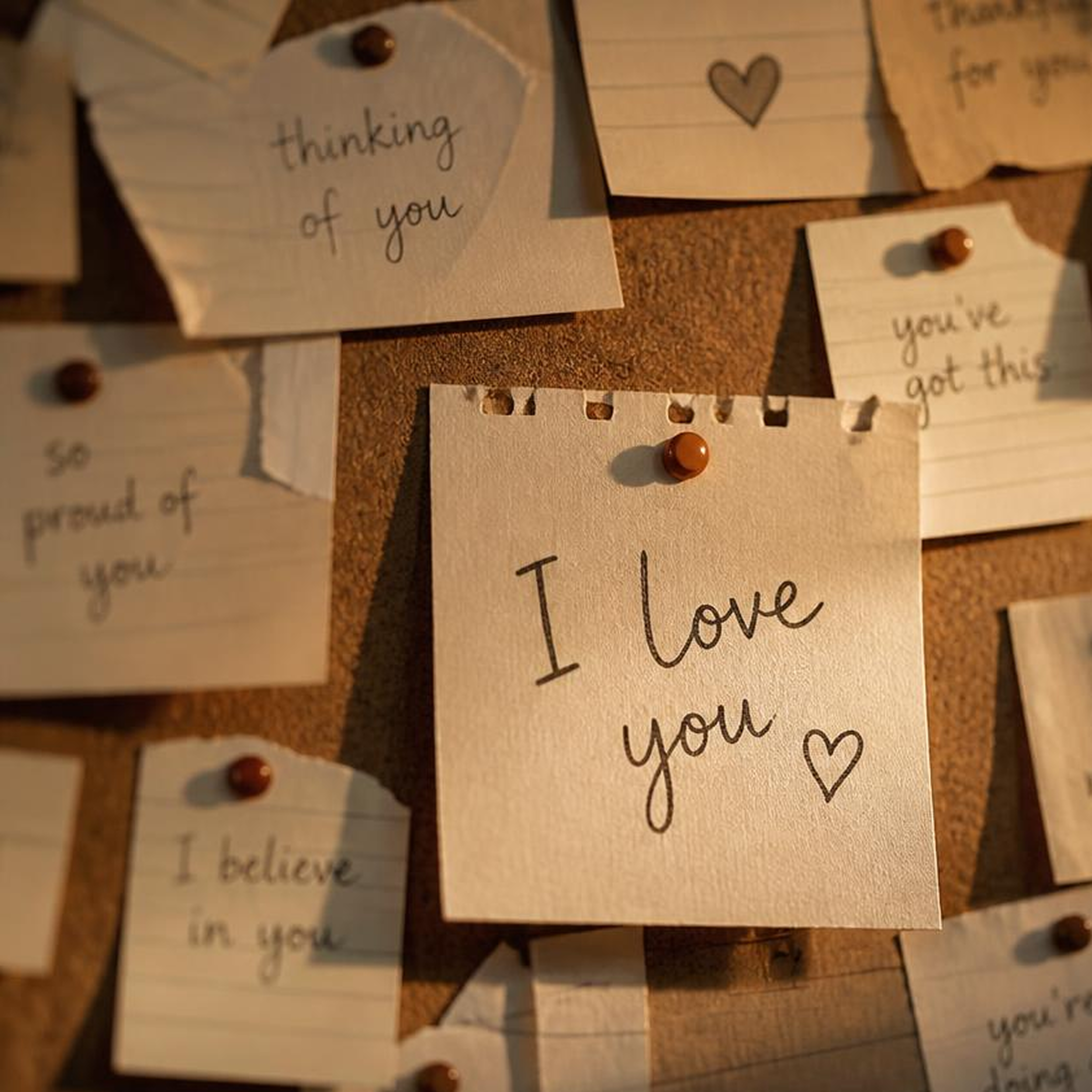 A cluttered corkboard of handwritten love notes, the center one reading &ldquo;I love you,&rdquo; surrounded by smaller notes like &ldquo;thinking of you&rdquo; and &ldquo;you&rsquo;ve got this,&rdquo; pinned with terracotta and clay pushpins