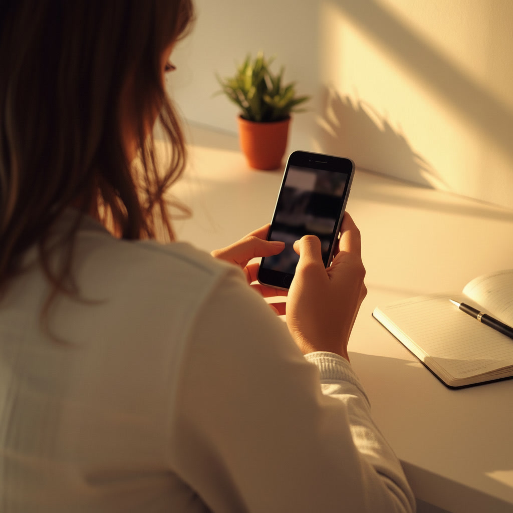 A person seen from behind at a desk in warm morning light, reading a text message on their phone