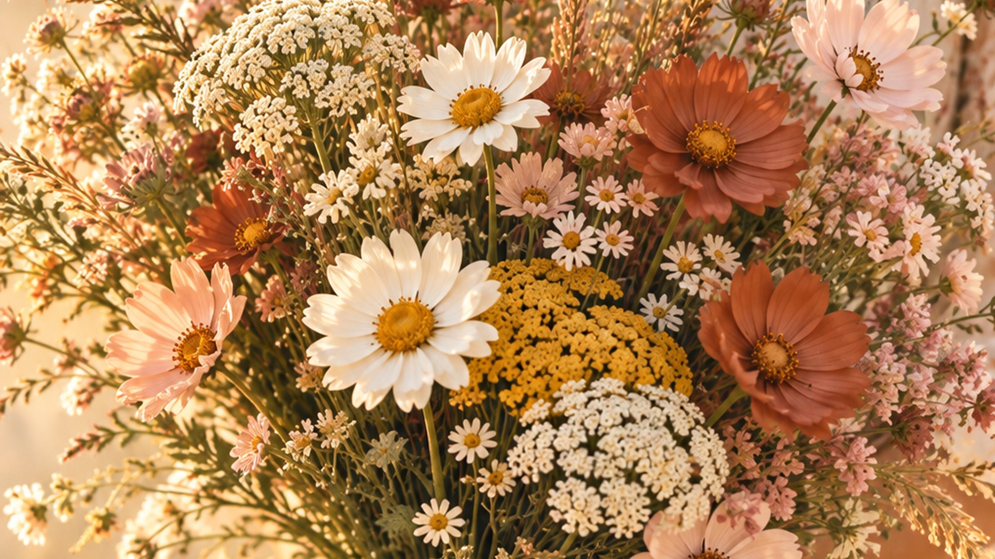 A loose bouquet of wildflowers in cream, blush and terracotta, in golden light