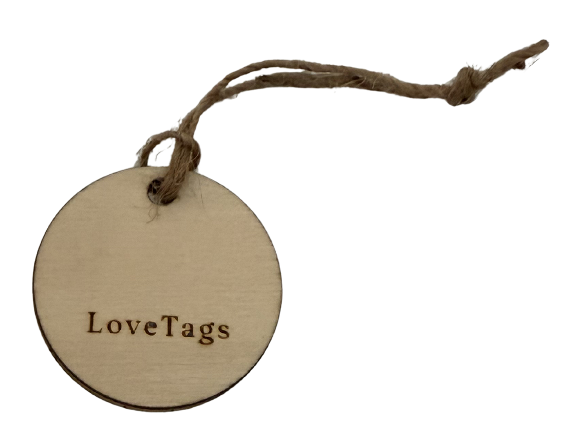 Back of a LoveTag showing the LoveTags wordmark