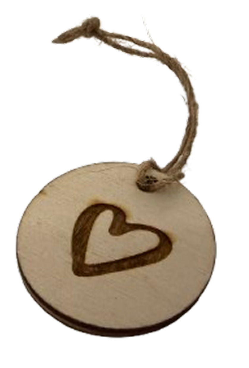 LoveTag Heart — round wooden tag with engraved heart
